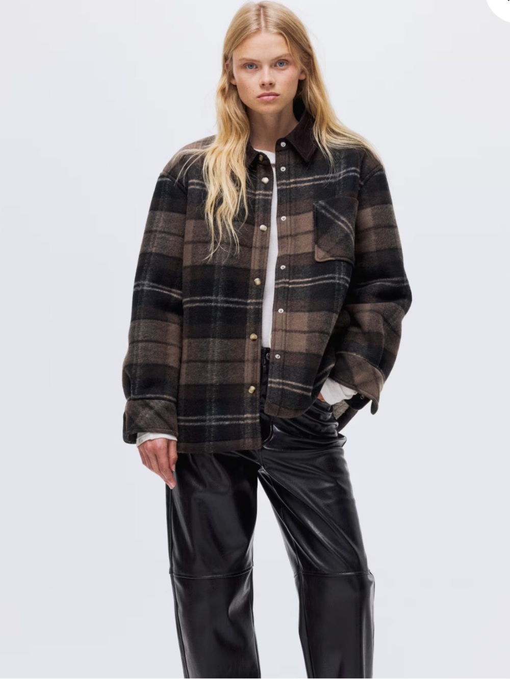 H&M Wool Blend Teddy Lined Shacket Brown Plaid